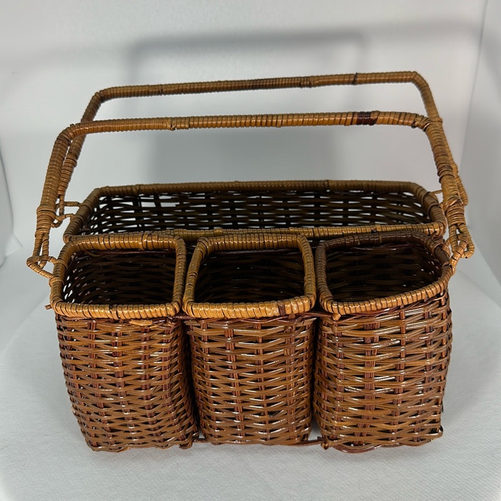 Vintage Boho Wicker Flatware Holder With Napkin Caddy